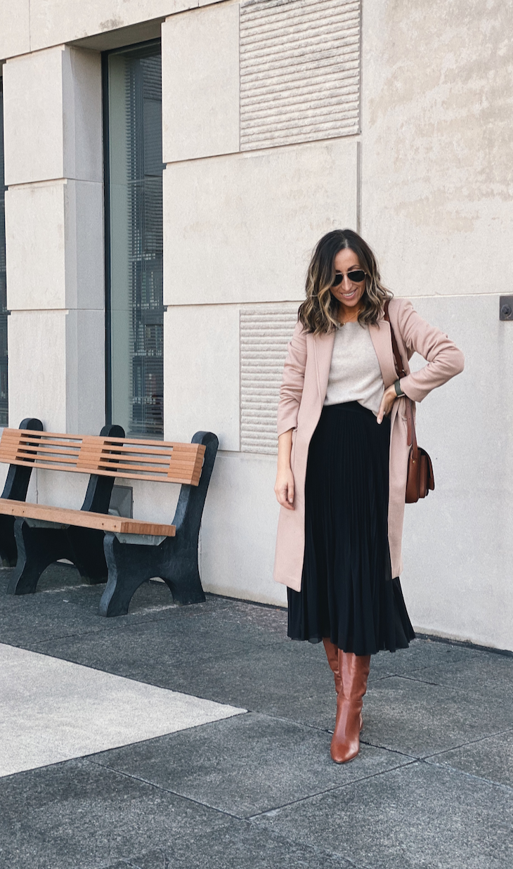 Long pleated skirt with boots sale